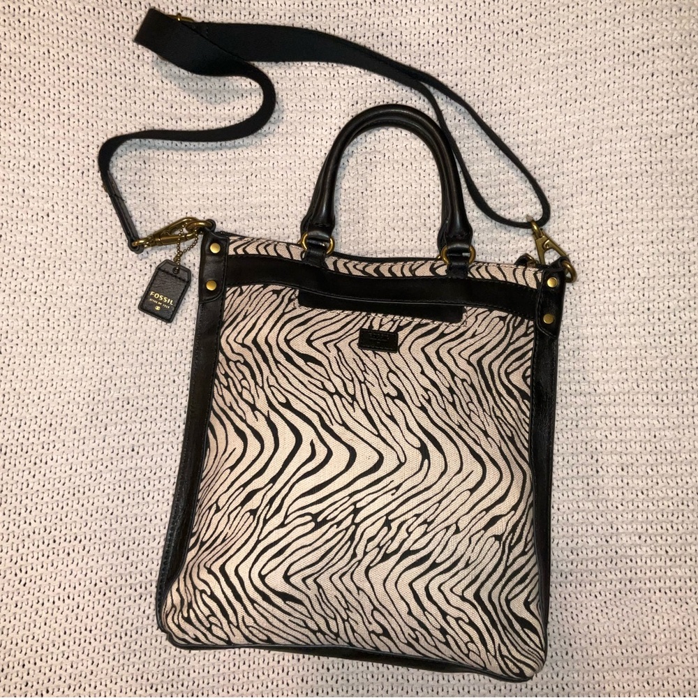 Fossil Cream and Black Zebra Print Crossbody Canvas Purse
